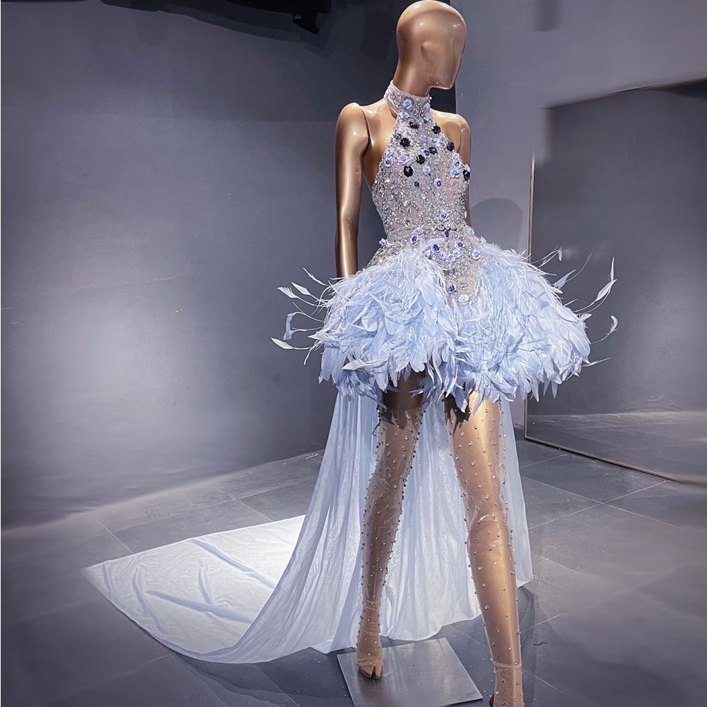 Custom Blue rhinestone midi feathered dress with rhinestone leggings